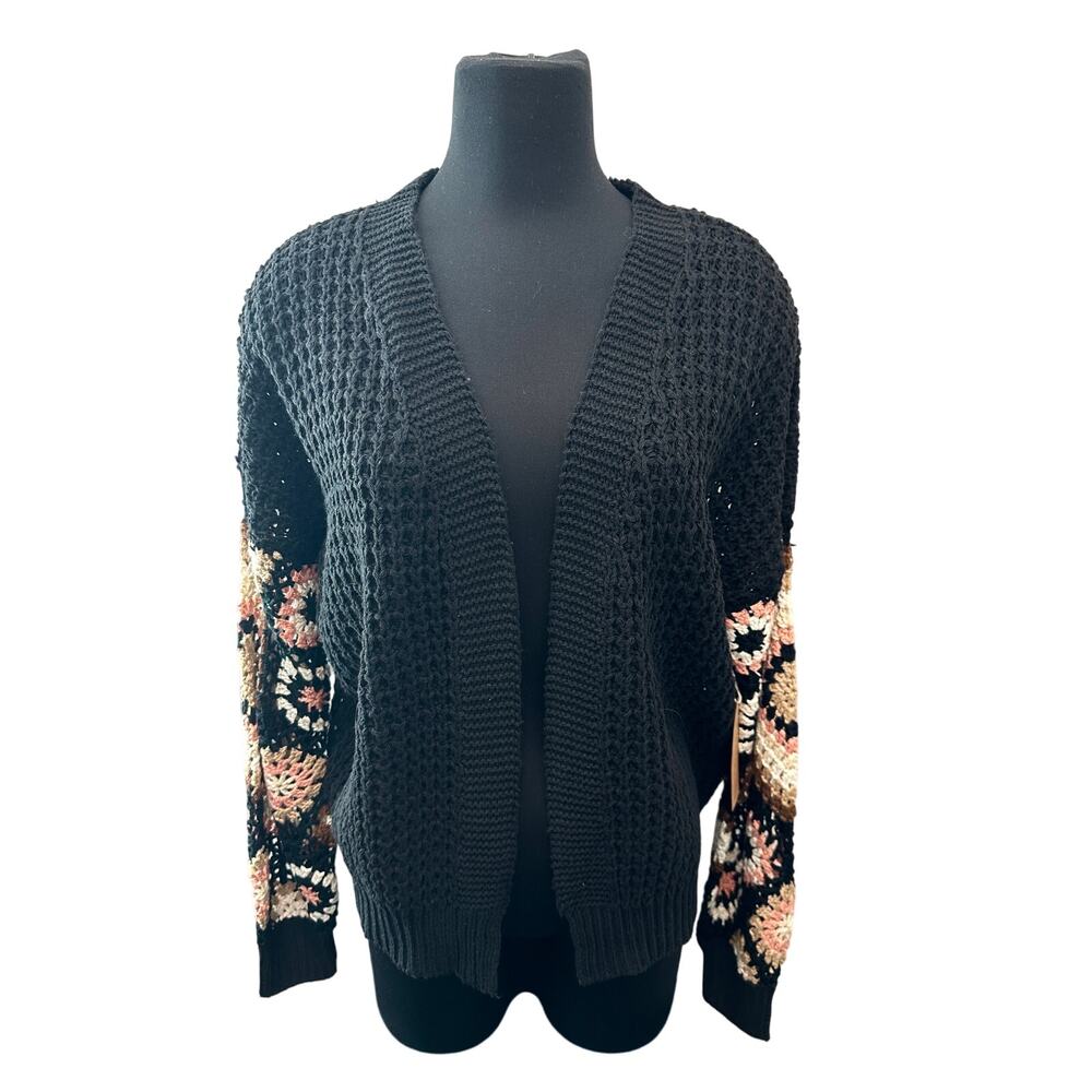 DREAMERS BY DEBUT | Black Crochet Cardigan Granny Square Sleeve NWT | S/M - Picture 2 of 8